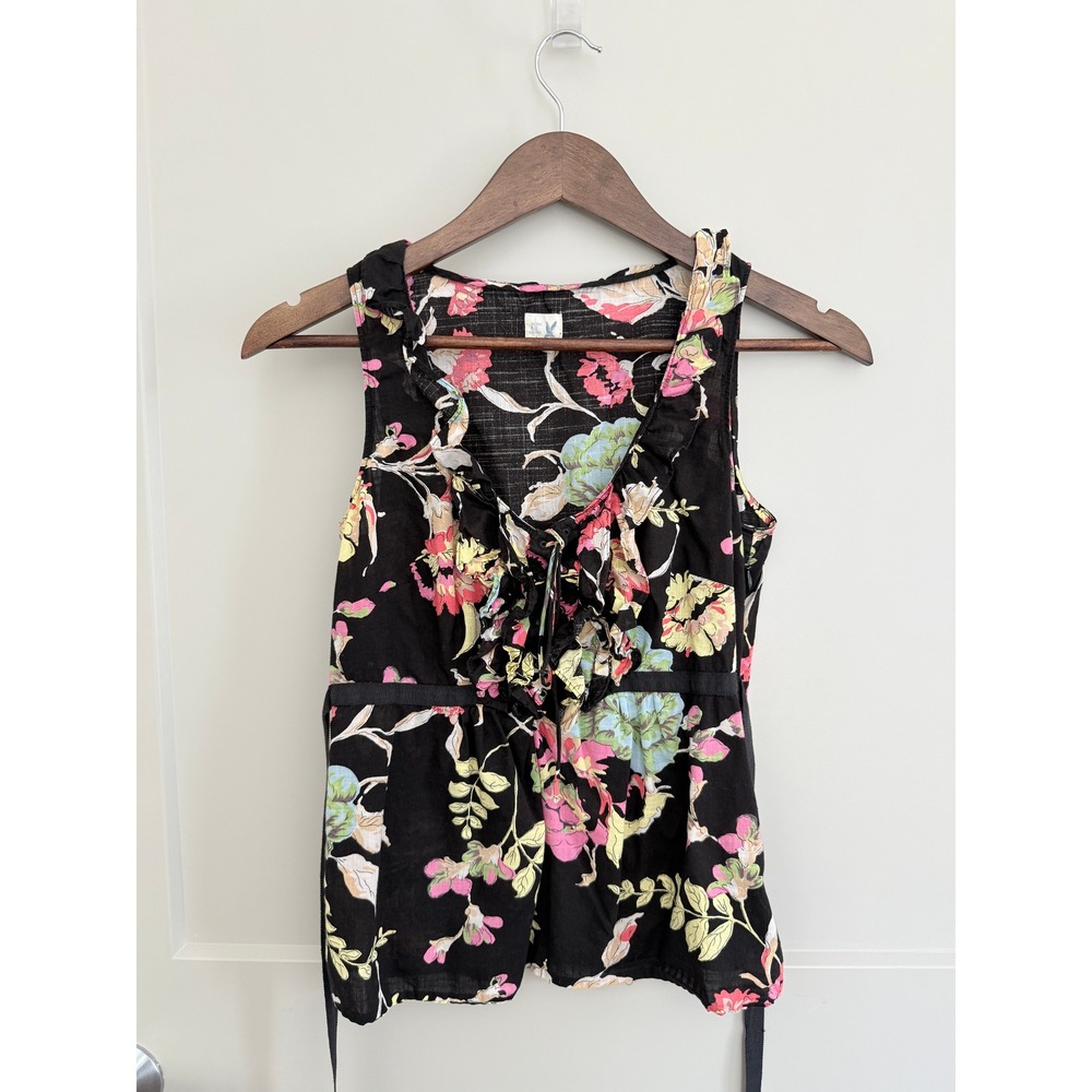Anthropologie Edme & Esyllte Black Floral Lace Up Front Peplum Top Size‎ 2